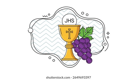 A religious chalice with grapes symbolizing communion and the sacrament of the eucharist celebration for christian worship services