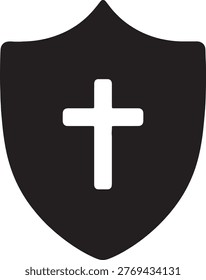 Religious christian cross emblem within shield shape. Symbolizes faith, protection, strength, and spiritual guidance.
