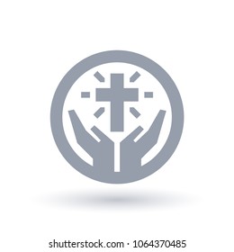 Religious Christian Cross With Hands Of Worship Icon In Circle Outline. Faith Of Christianity Concept Symbol. Church Praise Sign. Vector Illustration.