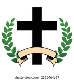 Religious Christian cross with laurel wreath and ribbon