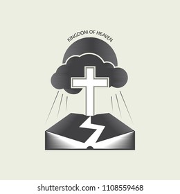 Religious Christian logo with the image of the Bible, the sun, clouds, rays and the Christian cross. Vector illustration is drawn in gray tones.