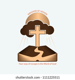 Religious Christian logo with the image of the Bible, the sun, clouds, rays and the Christian cross. Vector illustration is drawn in gray tones.
