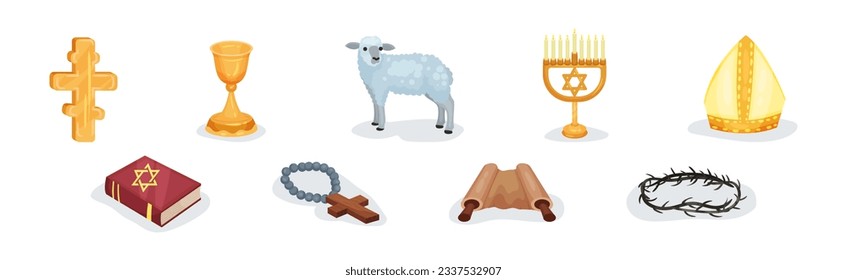 Religious Christian Signs and Symbols with Cross, Lamb, Goblet and Menorah Vector Set