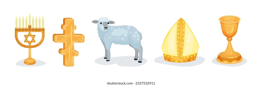 Religious Christian Signs and Symbols with Cross, Lamb, Goblet and Menorah Vector Set