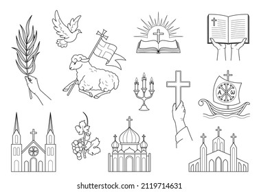 Signos y símbolos religiosos cristianos. Fijar iconos Iglesia, paloma voladora, cruz, biblia abierta y barco. El cordero es un símbolo del sacrificio de Cristo. Manos sosteniendo biblia, cruz, rama de palma. Aislamiento. Vector