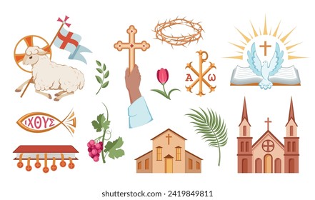 Religious christian signs and symbols. Set of colorful icons. Church, hands holding cross, fish, dove and bible. Book with seven seals. Lamb is symbol of Christ's sacrifice. Isolated. Vector