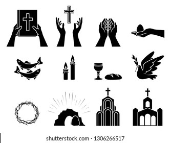 Religious Christian symbols and signs. Set of icons. Crown of thorns, Church, fish, candles, bread and Cup, dove with olive branch, hands holding the Bible, hand holding  Easter egg. Isolation. Vector
