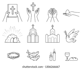 Religious Christian symbols and signs. Set  icons crown of thorns, Church, fish, candles, bread and Cup, dove with olive branch, hands holding the Bible, hand holding an Easter egg. Isolation. Vector