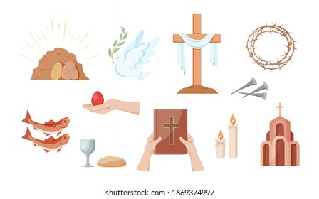 Religious Christian symbols and signs. Set  icons crown of thorns, Church, cross, fish,  bread and Cup, dove with olive branch, hands holding the Bible, hand holding an Easter egg. Isolation. Vector