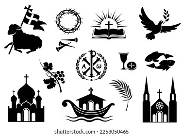 Religious Christian symbols and signs. Set of icons. Lamb is a symbol of Christ's sacrifice. Crown of thorns, Church, fish, dove with olive branch, open bible and ship. Isolated silhouette