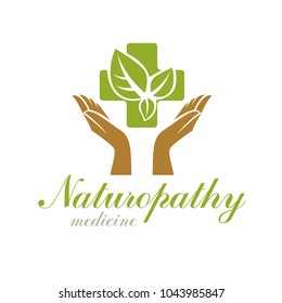 Religious Christianity cross composed with green spring leaves. Medical rehabilitation vector abstract logo, holistic medicine idea.
