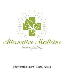 Religious Christianity cross composed with green spring leaves. Medical rehabilitation vector abstract logo, holistic medicine idea.