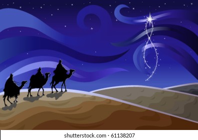 Religious Christmas card with the Three Wise Men. Vector illustration saved as EPS AI 8, simple gradients, no effects, easy printing.