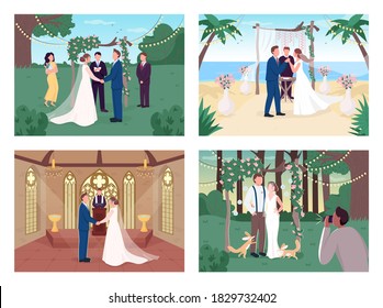 Religious and civil wedding ceremony flat color vector illustration set. Marry in church. Bride and groom 2D cartoon characters with landscape and interior on background collection