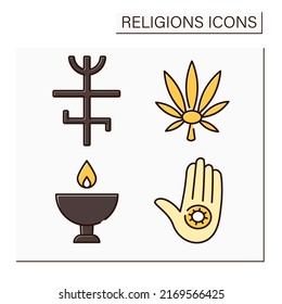 Religious Color Icons Set. Jainism, Unitarianism, Rastafari, Candomble Faiths. Philosophical Concept. Isolated Vector Illustrations