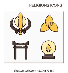 Religious color icons set. Shinto, spiritualism, paganism, Sikhism faiths. Philosophical concept. Isolated vector illustrations