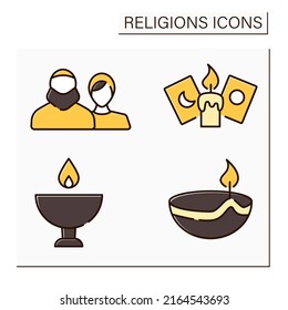 Religious color icons set.Main religious symbols. Hinduism skull cup.Candle and cards for spiritualistic session, Muslim believers. Philosophical concept. Isolated vector illustrations