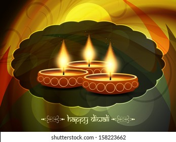 Religious colorful background design for diwali festival with beautiful lamps in oval shape frame. vector illustration