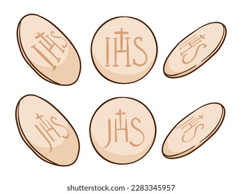 Religious communion bread with IHS and JHS monogram in three positions. Cartoon style design on white background.