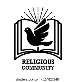 religious community. Emblem template with holy bible and dove. Design element for logo, label, emblem, sign. Vector illustration