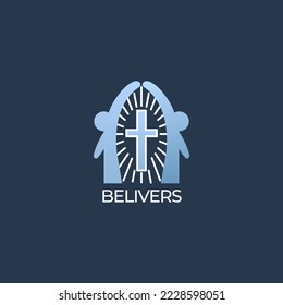 Religious community logo with christian cross for branding, family forming symbol of church tower in modern style