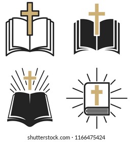 religiöse Gemeinschaft. Satz Emblem mit Heiliger Bibel und Kreuz. Design-Element für Poster, Logo, Abzeichen, Zeichen. Vektorgrafik