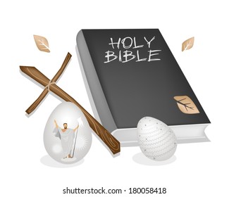 Religious Concept, Vector Illustration of The Foundation of Christianity Black Covered Bible, Wooden Cross and Traditionally Easter Eggs. 