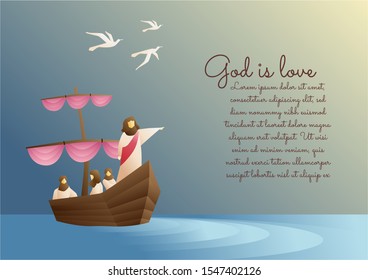 Religious concepts Jesus on board with disciples Is a vector format.