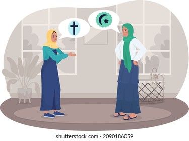 Religious conflict in family 2D vector isolated illustration. Girl arguing with mother about religion flat characters on cartoon background. Freedom of faith for teenager colourful scene