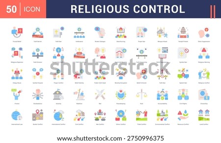 Religious Control Icon Set. forced belief, faith barrier, faith ban, intolerance, broken dialogue and more. Flat vector icons collection.