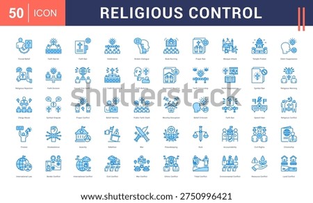 Religious Control Icon Set. forced belief, faith barrier, faith ban, intolerance, broken dialogue and more. Blue vector icons collection.