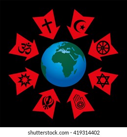 Religious control, manipulation and influence - arrows with symbols of world religions aggressive pointing at planet earth.
