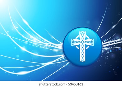 Religious Cross Button on Blue Abstract Light Background Original Illustration