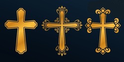 Religious Cross, Crucifix Icon Set. Catholic, Christian Ornate Crosses. Decorative Church, Religion, Gothic Symbols. Vector Illustration.