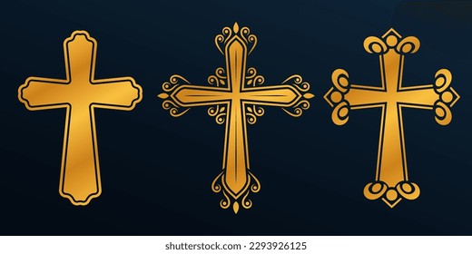 Religious cross, crucifix icon set. Catholic, christian ornate crosses. Decorative church, religion, gothic symbols. Vector illustration.