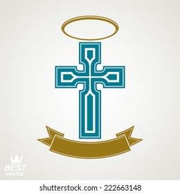 Religious cross emblem with nimbus and decorative ribbon, spiritual idea symbol. Christianity icon, web design element.