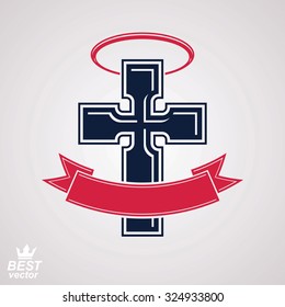Religious cross emblem with nimbus and decorative ribbon, spiritual idea symbol. Christianity icon, web design element.