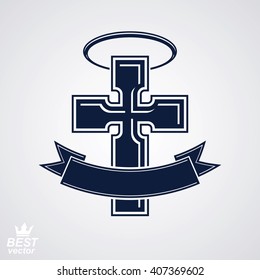 Religious cross emblem with nimbus and decorative ribbon, spiritual idea symbol. Christianity icon, web design element.