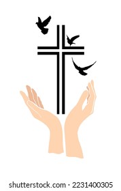 religious cross in hand. Flying birds of the world. Vector illustration