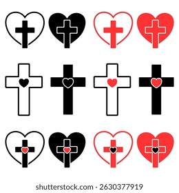 Religious Cross with Heart symbol design set