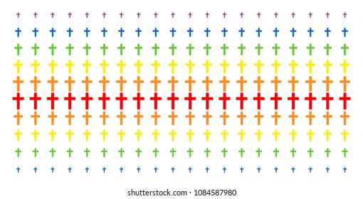 Religious Cross icon rainbow colored halftone pattern. Vector items arranged into halftone array with vertical rainbow colors gradient. Constructed for backgrounds, covers,