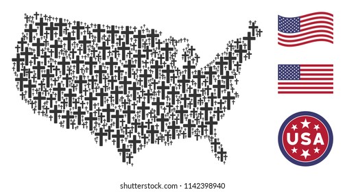 Religious cross icons are combined into USA map stylization. Vector concept of American geographical map is combined from religious cross items. Designed for political and patriotic collages.