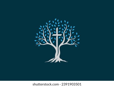 Religious cross logo sign modern vector graphic abstract tree leaf