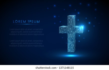 Religious cross.  Low poly style design. Abstract geometric background. Wireframe light connection structure. Modern 3d graphic concept. Isolated vector illustration.