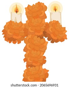 Religious cross made with marigold -or cempasuchil in Mexican culture- flowers, decorated with lighted candles.
