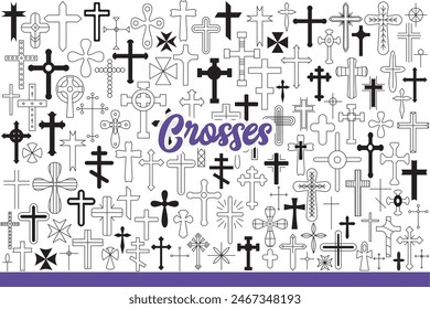 Religious crosses and crucifix symbolizing christianity and catholicism or orthodoxy. Various christianity symbols from temples and cathedrals for believing parishioners. Hand drawn doodle