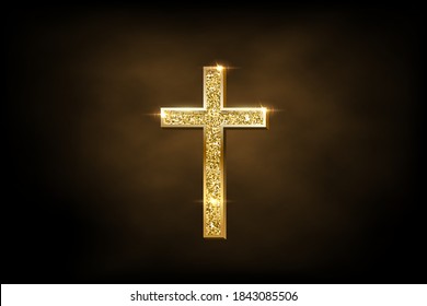 Religious crusifix symbol on brown fog background. Vector golden shiny orthodox cross.