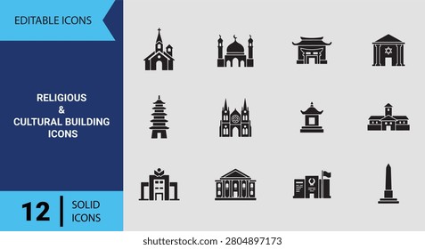 Religious cultural building solid icon collection perfect for historic architecture conservation projects heritage tourism mapping and traditional landmark design graphics