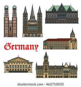 Religious and cultural landmarks of German architecture icon with Bonn Cathedral, Bremen Town Hall and National Theatre, New Town Hall, St. Peter Church and Frauenkirche Cathedral