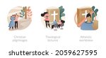 Religious doctrine abstract concept vector illustration set. Christian pilgrimages, theological lectures, atheistic worldview, church fathers, monks in monastery, prayer to god abstract metaphor.